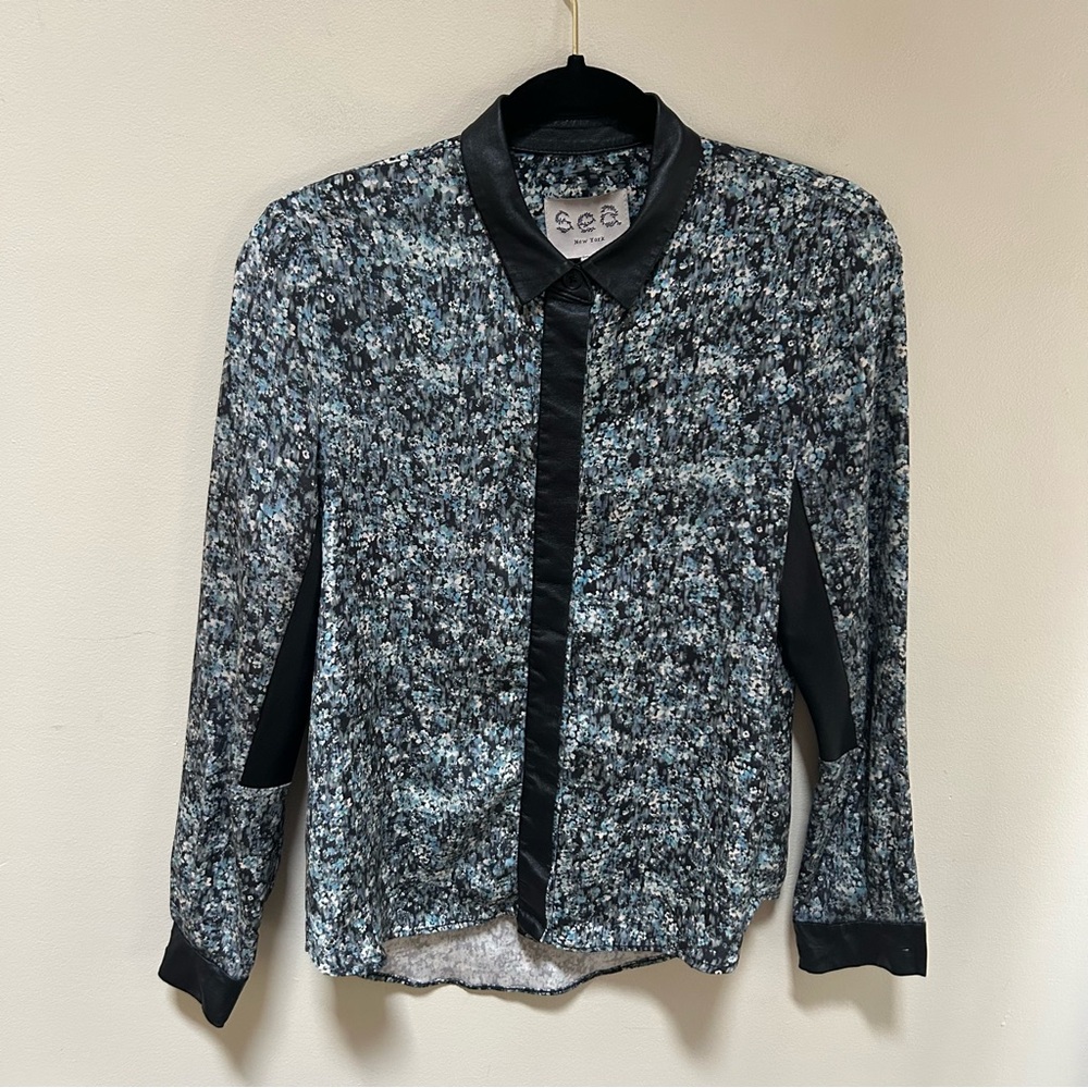 Sea New York ~Silk Blue Floral Button Front Blouse with Black Leather Trim sz 2